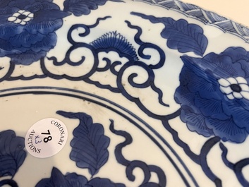 Three Chinese blue, white and Imari style dishes with floral design, Kangxi