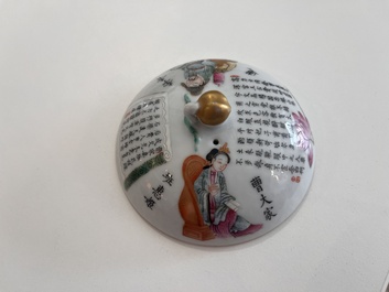 A Chinese famille rose bowl and cover on stand and a teapot and cover with 'Wu Shuang Pu' design, Daoguang marks, 20th C.