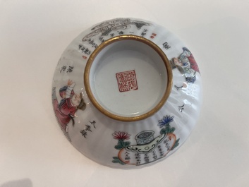A Chinese famille rose bowl and cover on stand and a teapot and cover with 'Wu Shuang Pu' design, Daoguang marks, 20th C.