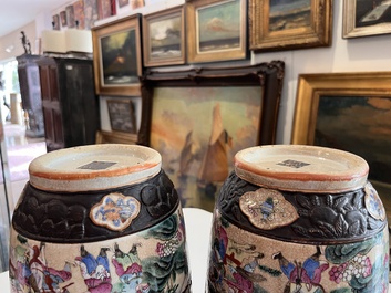 A pair of fine Chinese Nanking crackle glazed famille rose 'warrior' vases, 19th C.