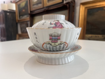 A Chinese famille rose bowl and cover on stand and a teapot and cover with 'Wu Shuang Pu' design, Daoguang marks, 20th C.