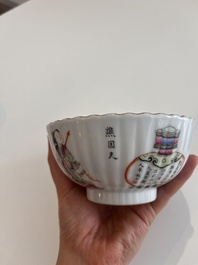 A Chinese famille rose bowl and cover on stand and a teapot and cover with 'Wu Shuang Pu' design, Daoguang marks, 20th C.