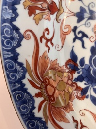 Three Chinese blue, white and Imari style dishes with floral design, Kangxi