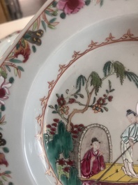 Two octagonal Chinese famille rose plates with an animated scene, Qianlong