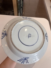 Three Chinese blue, white and Imari style dishes with floral design, Kangxi