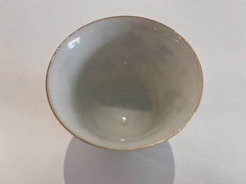 Five Chinese famille rose 'Wu Shuang Pu' cups and saucers, Daoguang marks, 19th C.