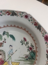 Two octagonal Chinese famille rose plates with an animated scene, Qianlong