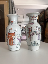A Chinese reticulated qianjiang cai hatstand with birds among blossoming branches and two famille rose vases with animated design, 19th/20th C.