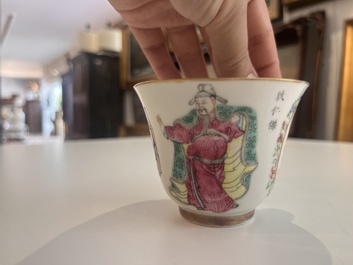 Five Chinese famille rose 'Wu Shuang Pu' cups and saucers, Daoguang marks, 19th C.