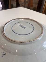 Three Chinese blue, white and Imari style dishes with floral design, Kangxi