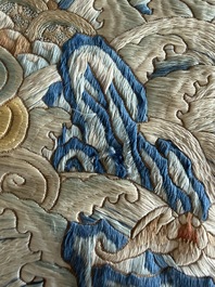 A Chinese vertical silk 'bats in a landscape' embroidery, 19th C.