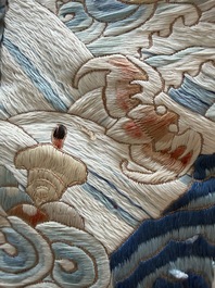 A Chinese vertical silk 'bats in a landscape' embroidery, 19th C.
