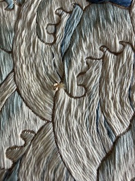 A Chinese vertical silk 'bats in a landscape' embroidery, 19th C.