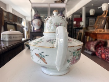 Two Chinese famille rose and verte teapots and covers with birds among blossoming branches, 19th C.