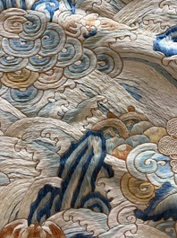 A Chinese vertical silk 'bats in a landscape' embroidery, 19th C.