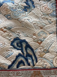A Chinese vertical silk 'bats in a landscape' embroidery, 19th C.