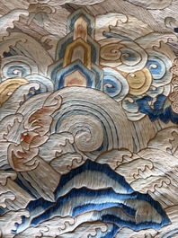 A Chinese vertical silk 'bats in a landscape' embroidery, 19th C.