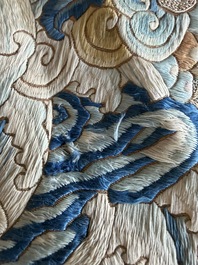 A Chinese vertical silk 'bats in a landscape' embroidery, 19th C.
