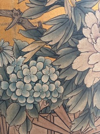 A Japanese four-fold painted byobu 'hanaguruma' room divider, 19th/20th C.