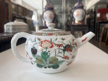 Two Chinese famille rose and verte teapots and covers with birds among blossoming branches, 19th C.