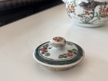 Two Chinese famille rose and verte teapots and covers with birds among blossoming branches, 19th C.