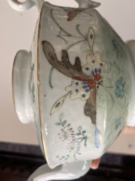 Two Chinese famille rose and verte teapots and covers with birds among blossoming branches, 19th C.