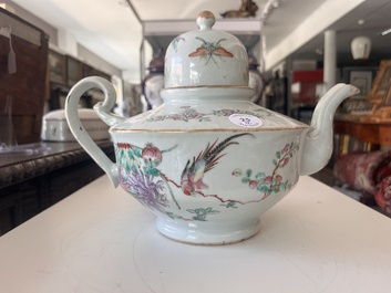 Two Chinese famille rose and verte teapots and covers with birds among blossoming branches, 19th C.