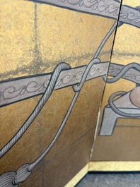 A Japanese four-fold painted byobu 'hanaguruma' room divider, 19th/20th C.