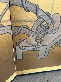 A Japanese four-fold painted byobu 'hanaguruma' room divider, 19th/20th C.