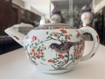 Two Chinese famille rose and verte teapots and covers with birds among blossoming branches, 19th C.