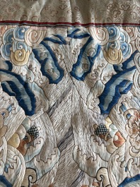 A Chinese vertical silk 'bats in a landscape' embroidery, 19th C.
