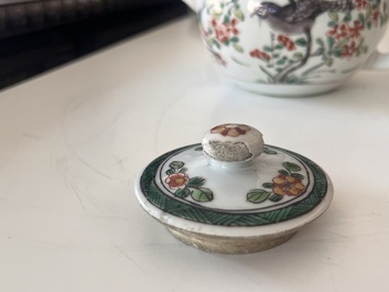 Two Chinese famille rose and verte teapots and covers with birds among blossoming branches, 19th C.