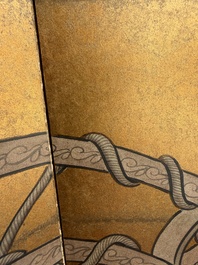 A Japanese four-fold painted byobu 'hanaguruma' room divider, 19th/20th C.