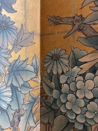 A Japanese four-fold painted byobu 'hanaguruma' room divider, 19th/20th C.