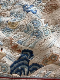 A Chinese vertical silk 'bats in a landscape' embroidery, 19th C.