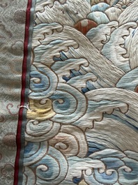 A Chinese vertical silk 'bats in a landscape' embroidery, 19th C.