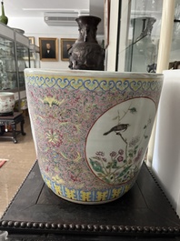 A Chinese famille rose jardini&egrave;re with birds among blossoming branches and floral design, 19th C.