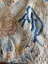 A Chinese vertical silk 'bats in a landscape' embroidery, 19th C.