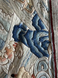 A Chinese vertical silk 'bats in a landscape' embroidery, 19th C.
