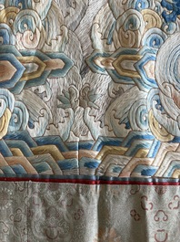 A Chinese vertical silk 'bats in a landscape' embroidery, 19th C.