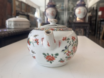 Two Chinese famille rose and verte teapots and covers with birds among blossoming branches, 19th C.