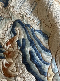 A Chinese vertical silk 'bats in a landscape' embroidery, 19th C.