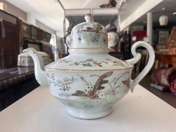 Two Chinese famille rose and verte teapots and covers with birds among blossoming branches, 19th C.