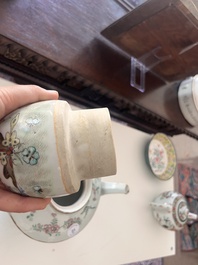 Two Chinese famille rose and verte teapots and covers with birds among blossoming branches, 19th C.