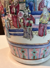 Three Chinese Canton famille rose 'warrior and palace scenes' vases, 19th C.