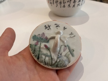 Six Chinese qianjiang cai jars and covers with a bird among blossoming branches, 19th/20th C.