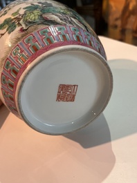 Three Chinese famille rose vases with palace scenes and birds among blossoming branches, Qianlong marks, Republic, 20th C.