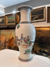 Two Chinese famille rose vases with animated scenes in a palace garden, Qianlong marks, Republic, 20th C.