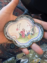 A Chinese Canton enamel bowl and cover, a patipan and a saucer with figures in a landscape, 19th C.