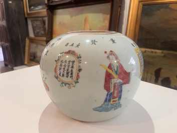 Four Chinese famille rose and qianjiang cai jars with animated scenes and floral and 'Wu Shuang Pu' design, 19th/20th C.
